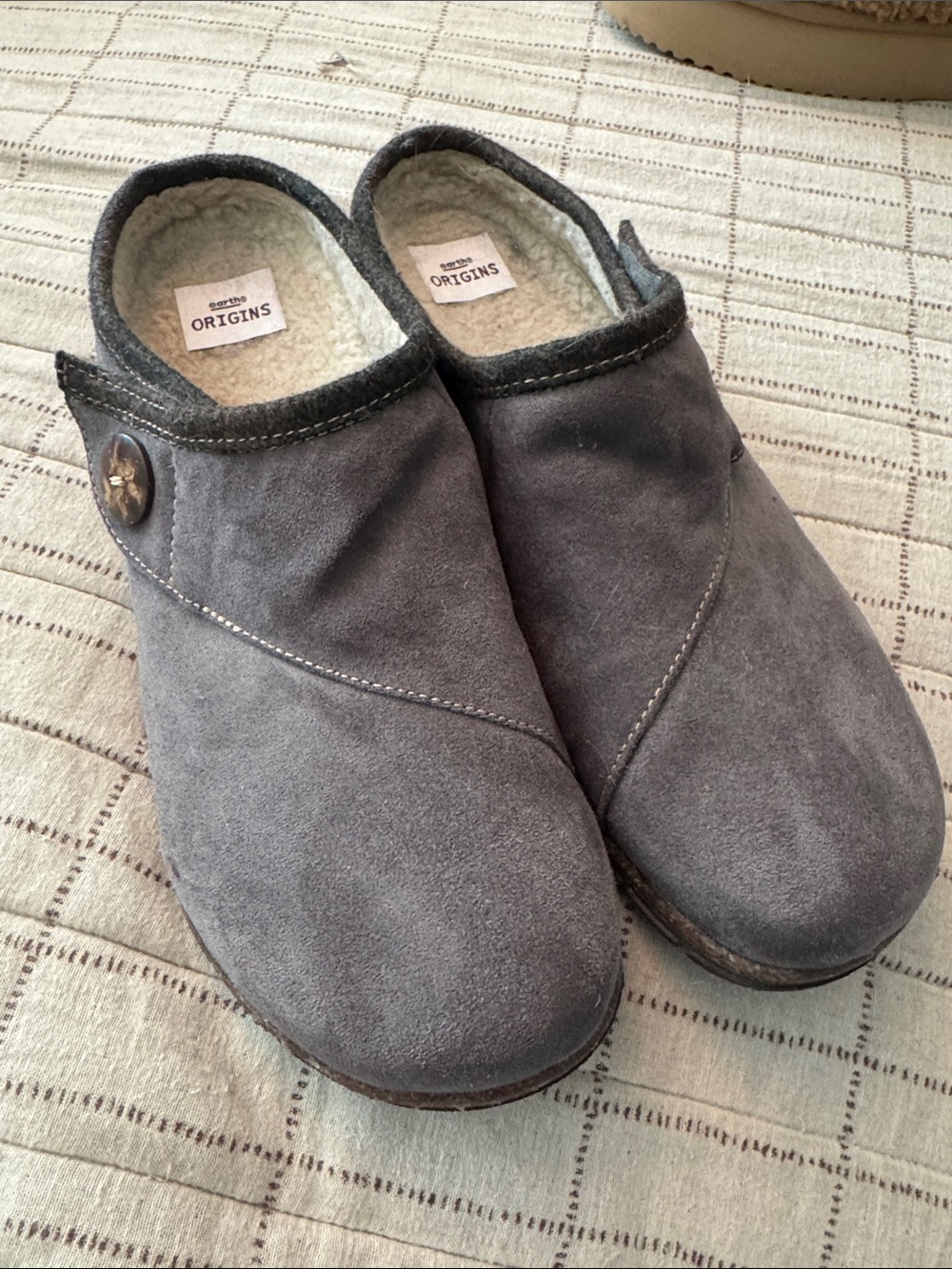 Earth Origins Gray Suede Slip-On Mules with Decorative Button